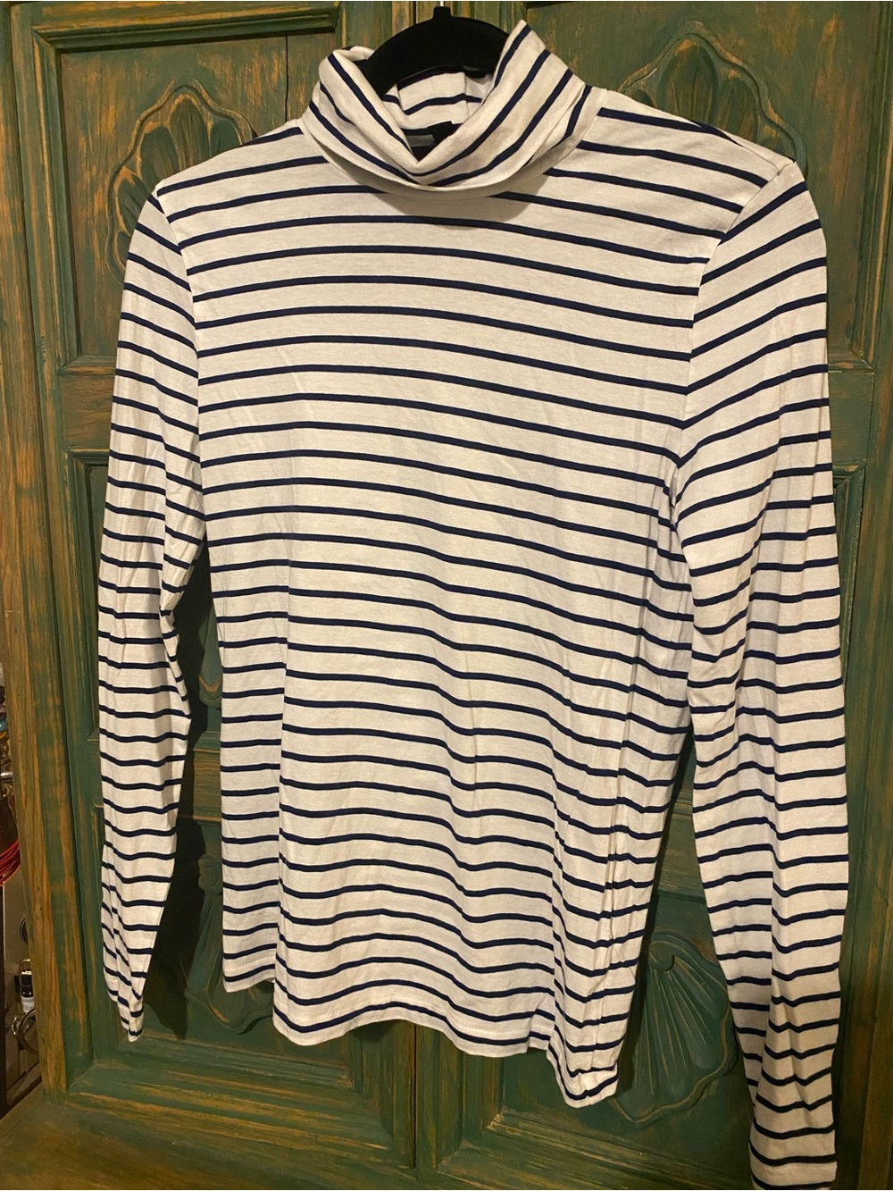 J. Crew White and Navy Striped Turtleneck Long-Sleeve Top